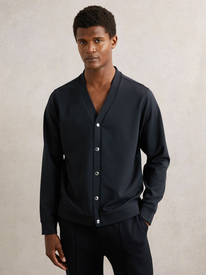 Reiss Deal - V-Neck Interlock Jersey Cardigan in Navy