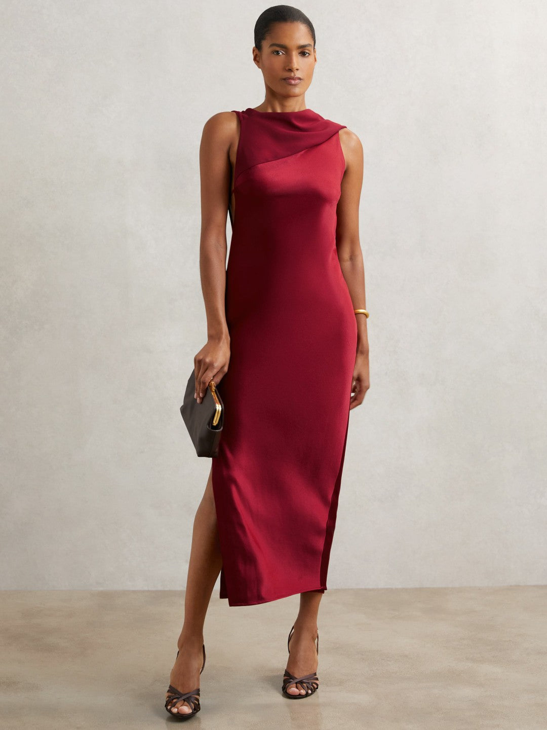 Reiss Petite Back Detail Midi Dress in Red