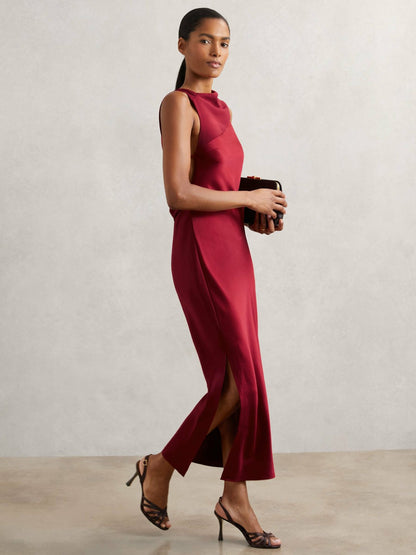 Reiss Petite Back Detail Midi Dress in Red