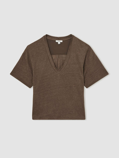 Reiss Linen V-Neck T-Shirt in Brown