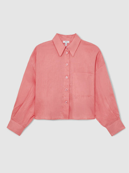 Reiss Sale - Oversize Linen Cropped Shirt in Pink