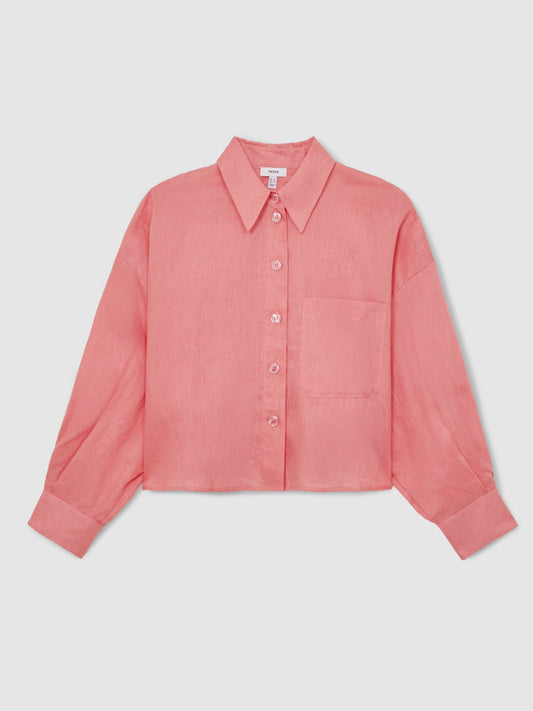 Reiss Oversize Linen Cropped Shirt in Pink