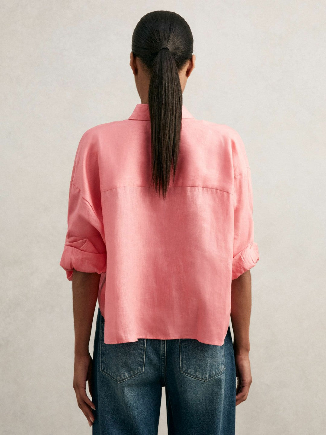 Reiss Sale - Oversize Linen Cropped Shirt in Pink