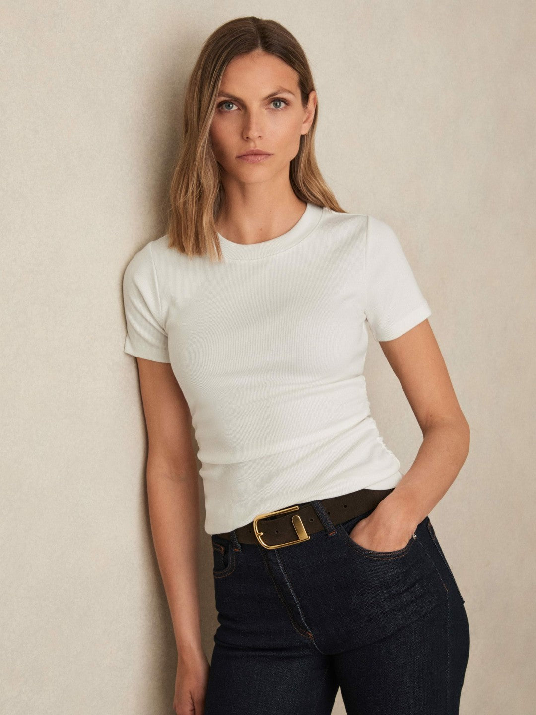 Reiss Offer - Stretch-Cotton Ruched Ribbed T-Shirt in White