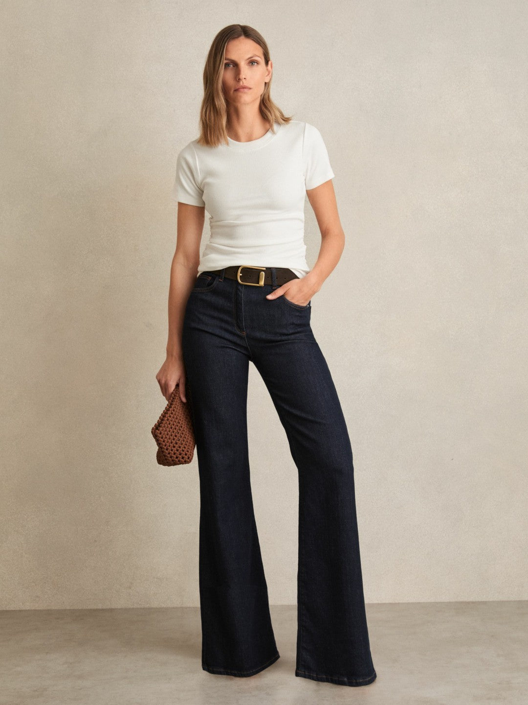 Reiss Offer - Stretch-Cotton Ruched Ribbed T-Shirt in White