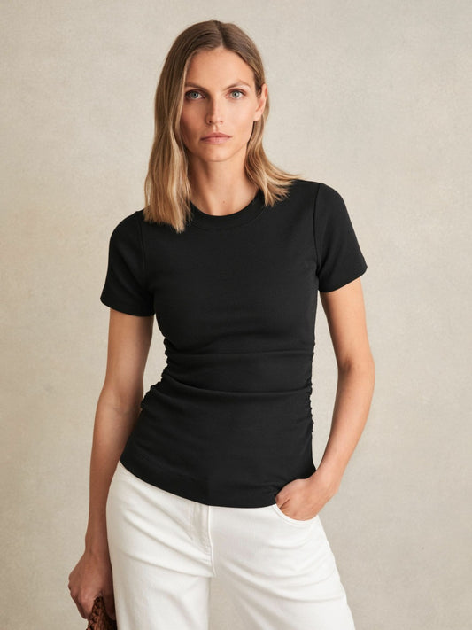 Reiss Sale - Stretch-Cotton Ruched Ribbed T-Shirt in Black
