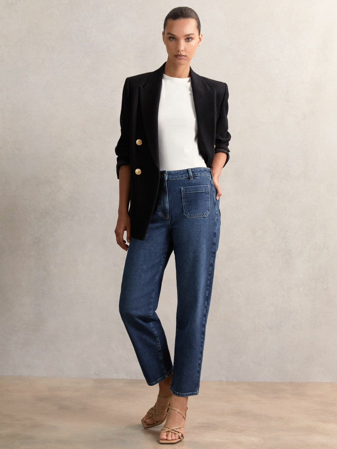Reiss Offer - Petite Straight Leg Patch Pocket Jeans in Mid Blue