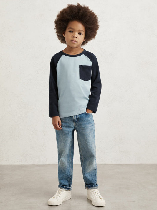 Reiss 9-13 yrs Cotton Colour-Block Long-Sleeve T-Shirt in Navy Blue