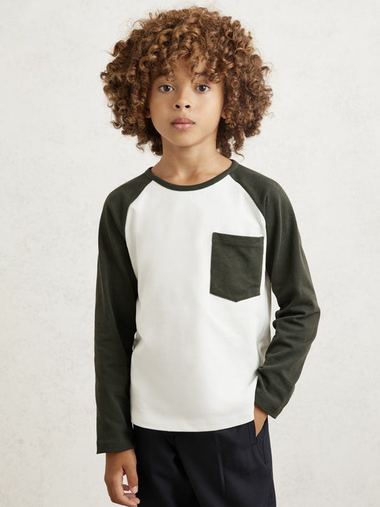 Reiss Sale - 13-14 yrs Cotton Colour-Block Long-Sleeve T-Shirt in Green