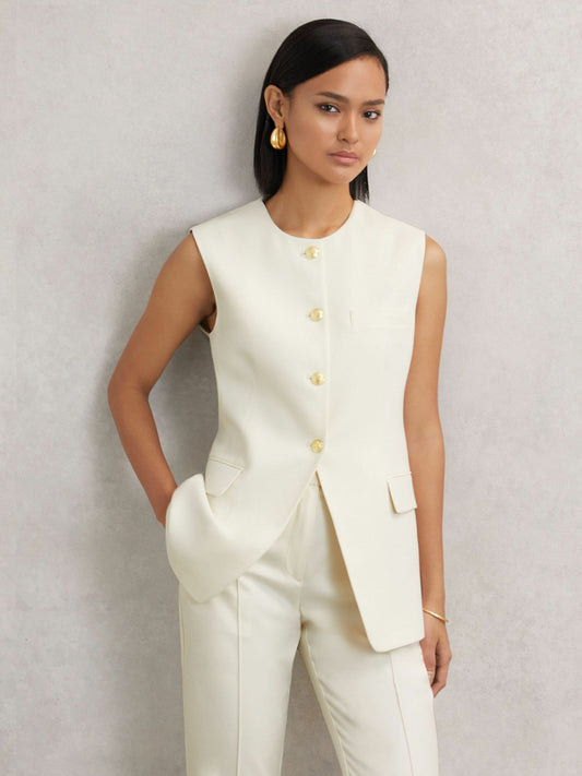 Reiss Savings - High-Neck Longline Waistcoat in Cream