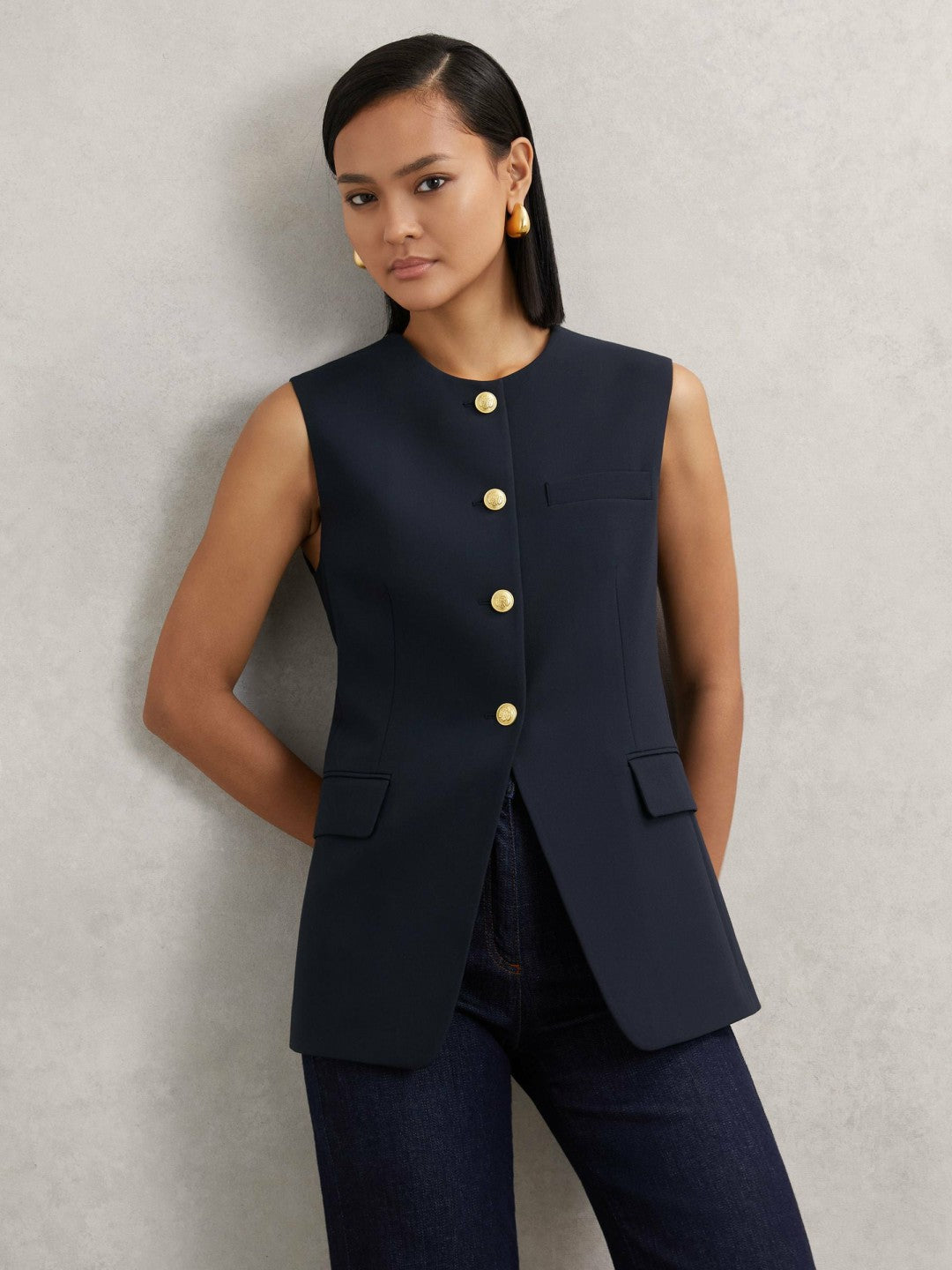Reiss Sale - High-Neck Longline Waistcoat in Navy