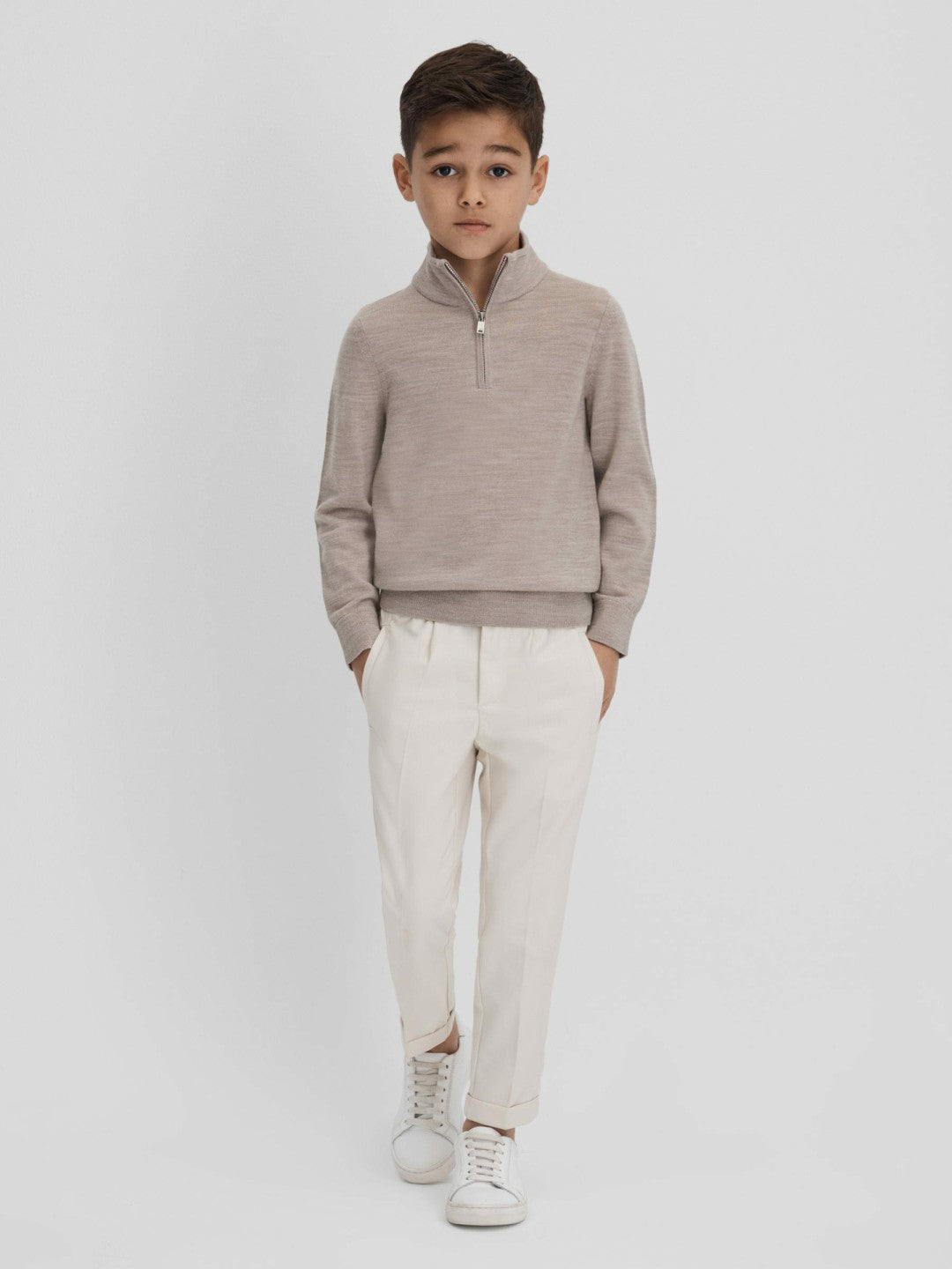 Reiss Best Seller - 9-13 yrs Wool Half-Zip Funnel Neck Jumper in Wheat Melange