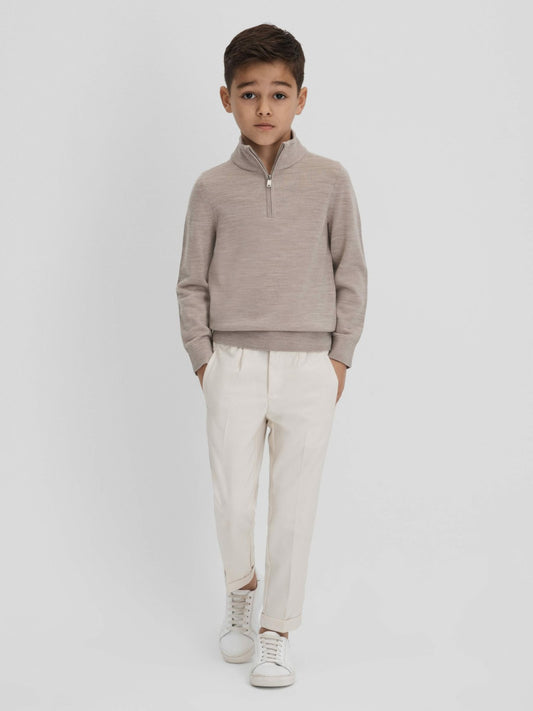 Reiss Best Seller - 9-13 yrs Wool Half-Zip Funnel Neck Jumper in Wheat Melange