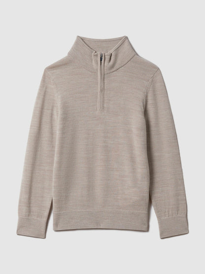 Reiss Best Seller - 9-13 yrs Wool Half-Zip Funnel Neck Jumper in Wheat Melange