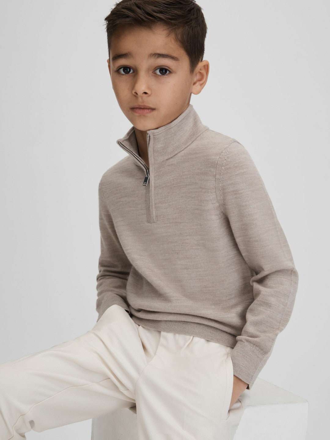 Reiss Best Seller - 9-13 yrs Wool Half-Zip Funnel Neck Jumper in Wheat Melange