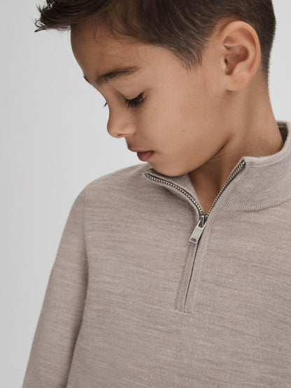 Reiss Best Seller - 9-13 yrs Wool Half-Zip Funnel Neck Jumper in Wheat Melange