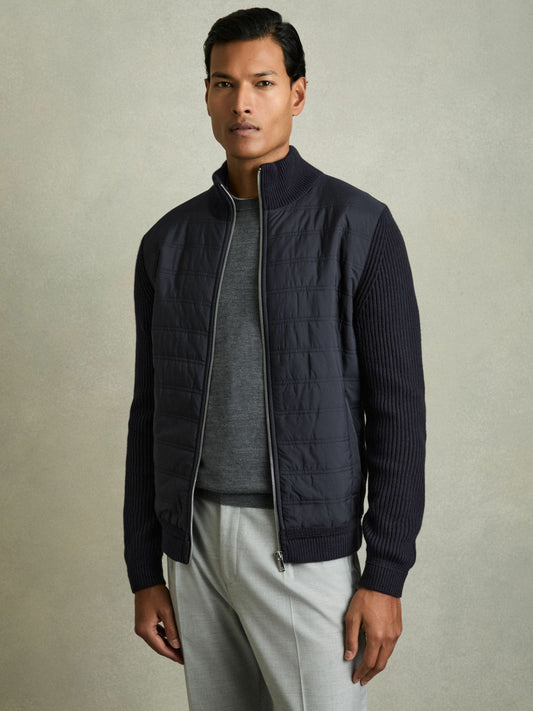 Reiss Popular Choice - Hybrid Quilt and Knit Zip-Through Jacket in Navy