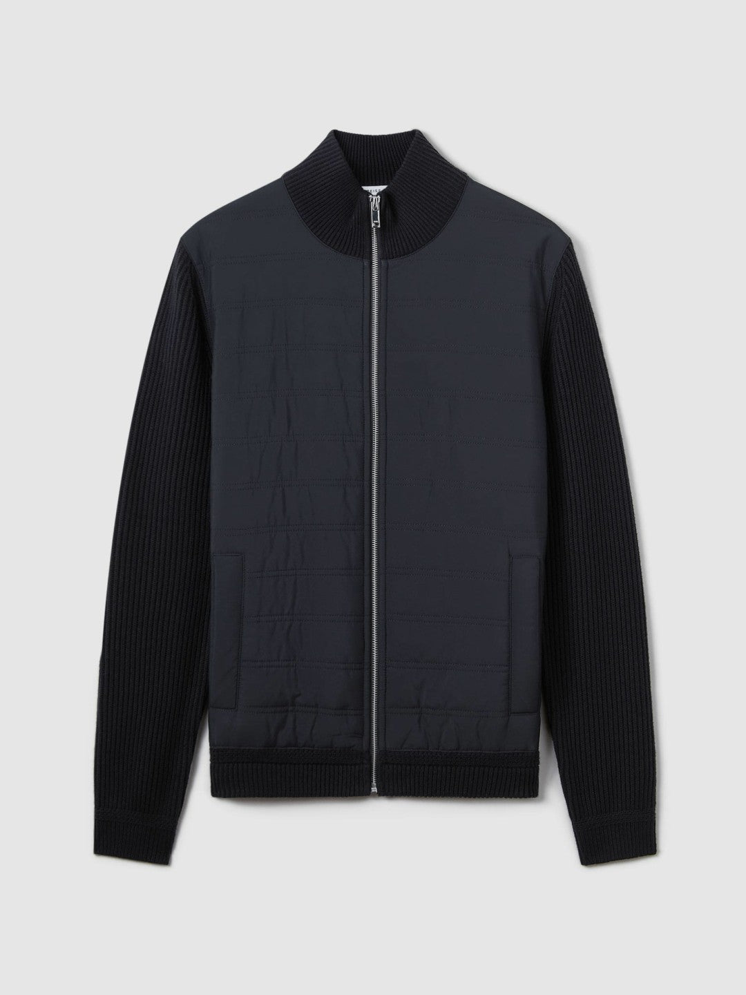 Reiss Popular Choice - Hybrid Quilt and Knit Zip-Through Jacket in Navy