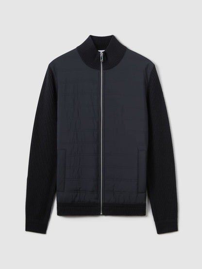 Reiss Popular Choice - Hybrid Quilt and Knit Zip-Through Jacket in Navy