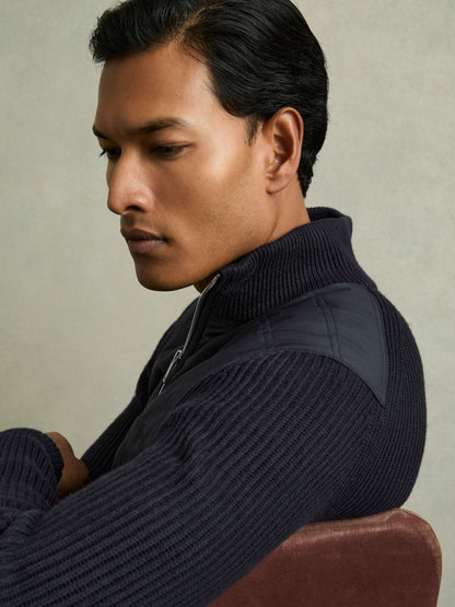 Reiss Popular Choice - Hybrid Quilt and Knit Zip-Through Jacket in Navy