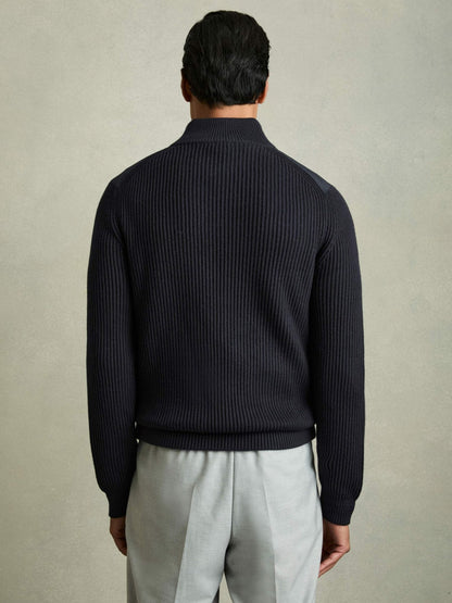 Reiss Popular Choice - Hybrid Quilt and Knit Zip-Through Jacket in Navy