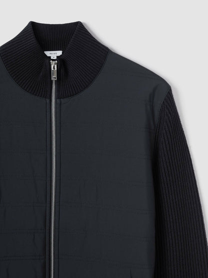 Reiss Popular Choice - Hybrid Quilt and Knit Zip-Through Jacket in Navy