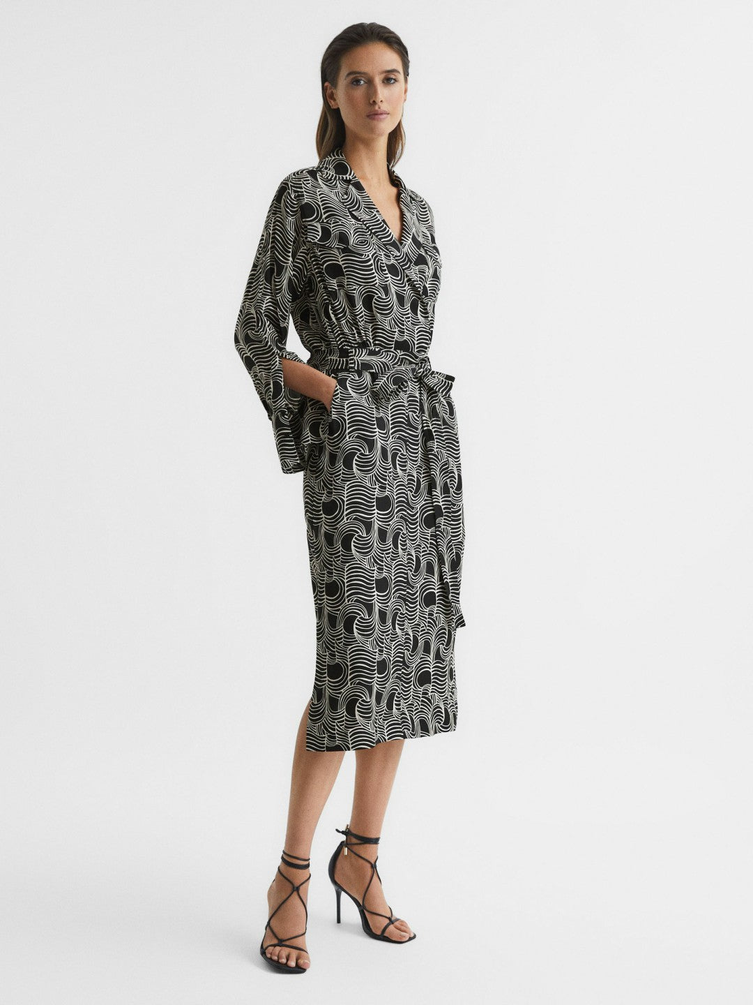 Reiss Best Seller - Swirl Print Midi Dress in Black/Cream
