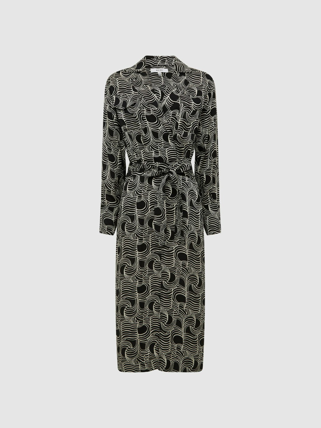 Reiss Best Seller - Swirl Print Midi Dress in Black/Cream