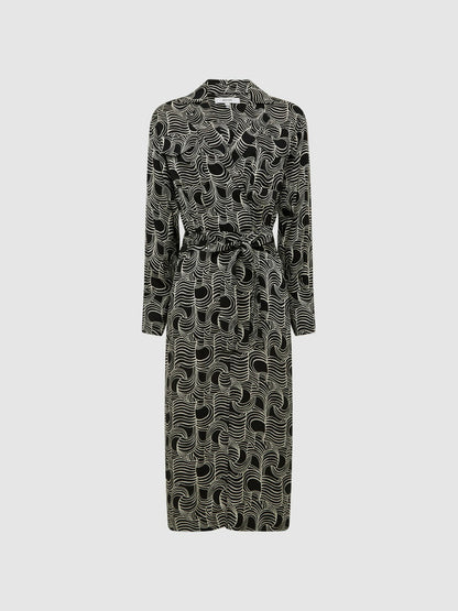 Reiss Best Seller - Swirl Print Midi Dress in Black/Cream