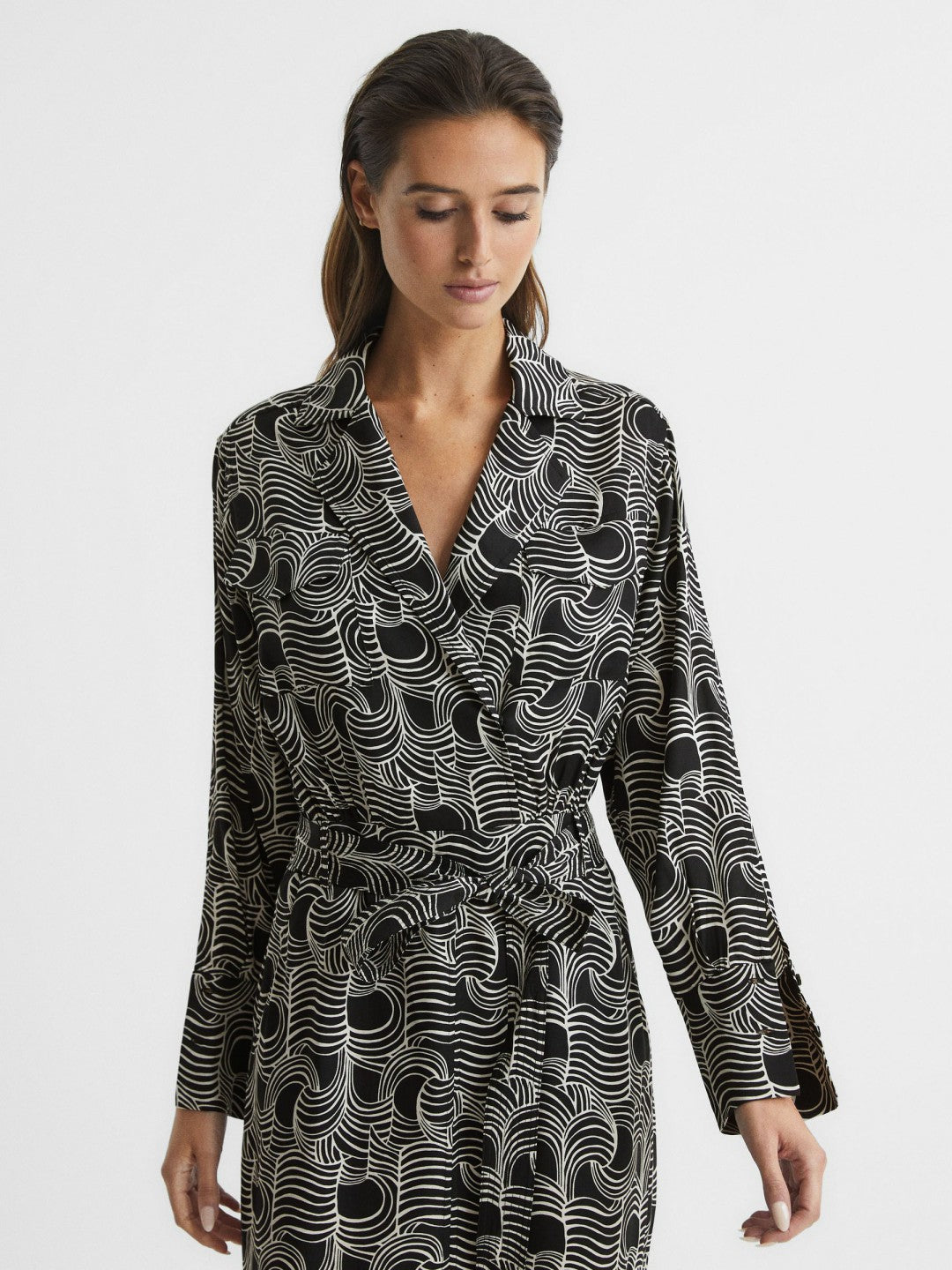 Reiss Best Seller - Swirl Print Midi Dress in Black/Cream