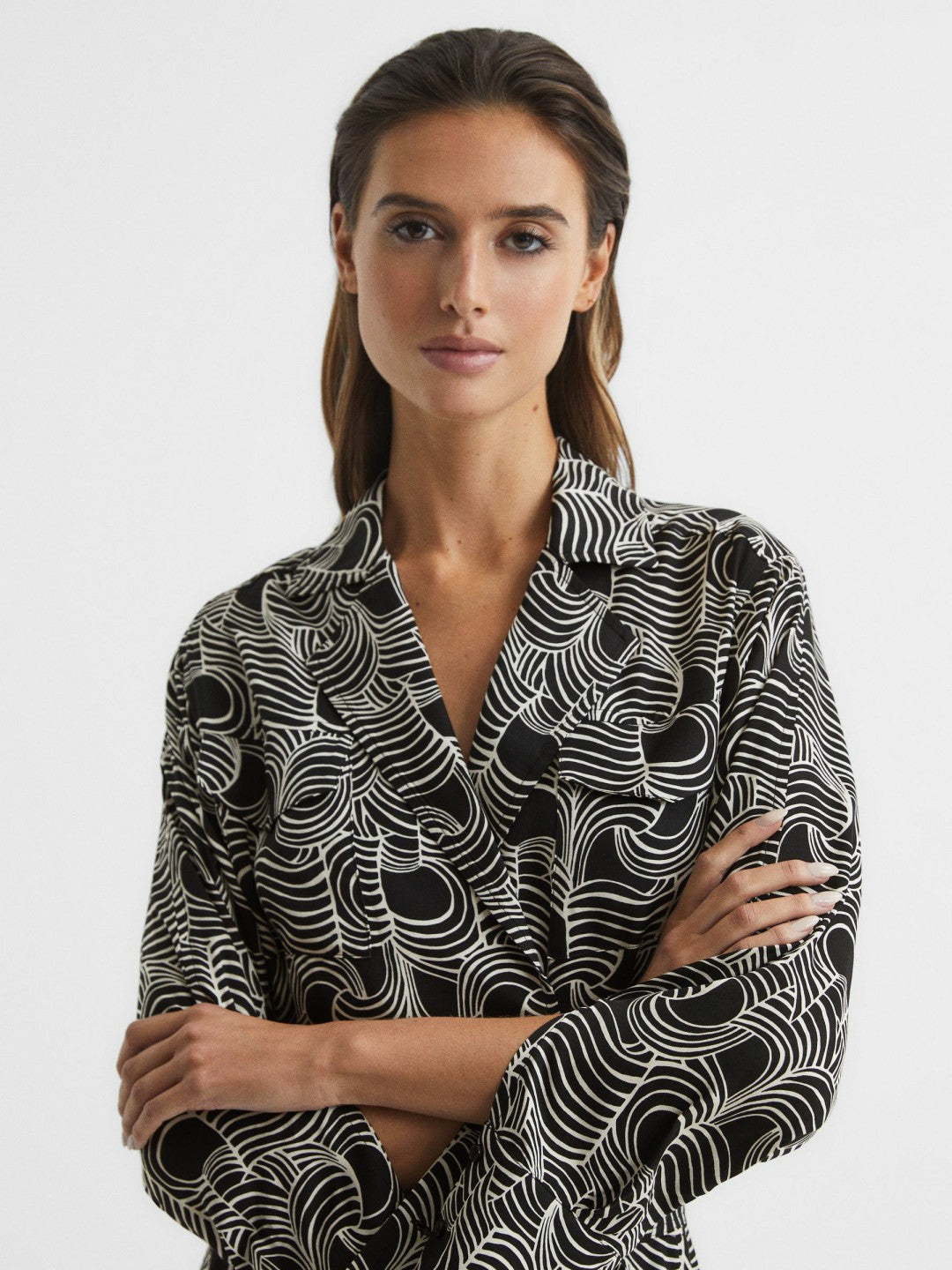 Reiss Best Seller - Swirl Print Midi Dress in Black/Cream