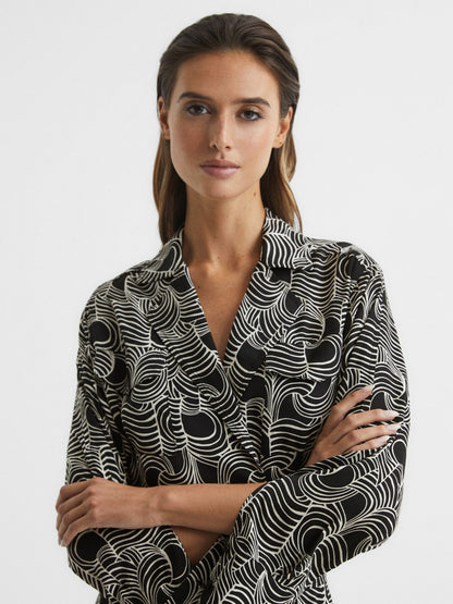 Reiss Best Seller - Swirl Print Midi Dress in Black/Cream