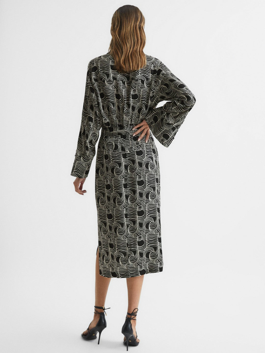 Reiss Best Seller - Swirl Print Midi Dress in Black/Cream