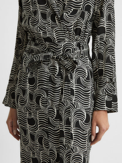 Reiss Best Seller - Swirl Print Midi Dress in Black/Cream