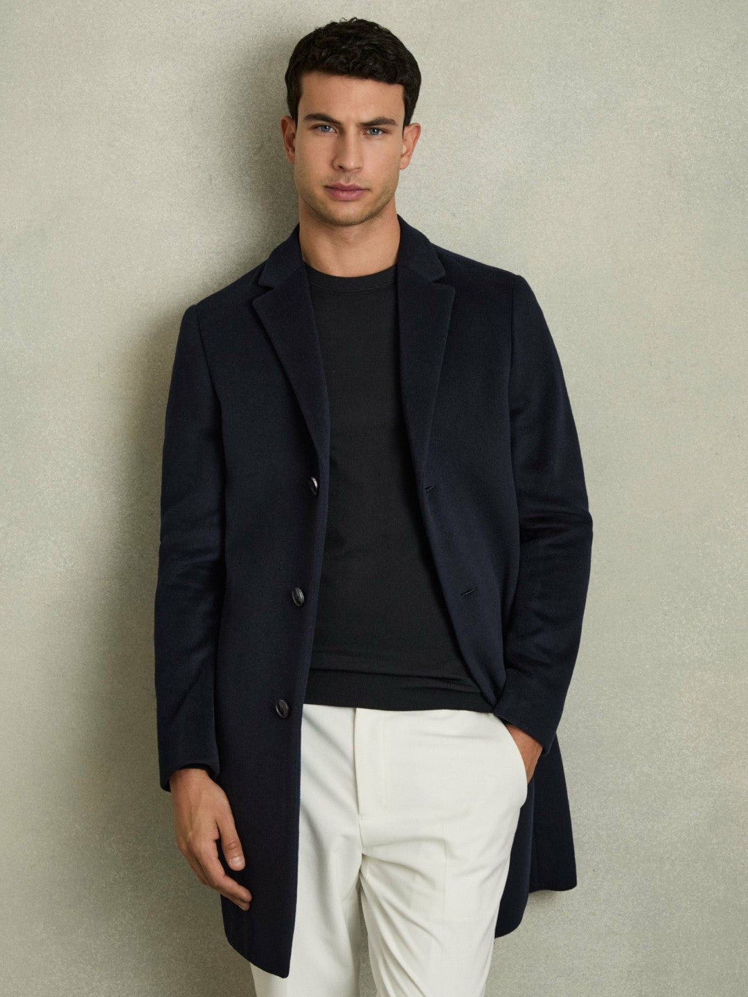 Reiss Sale - Wool Blend Single Breasted Epsom Overcoat in Navy