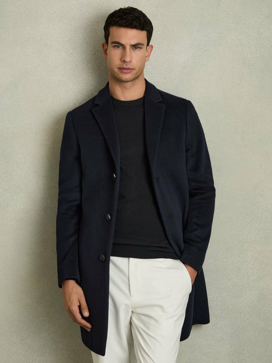 Reiss Sale - Wool Blend Single Breasted Epsom Overcoat in Navy