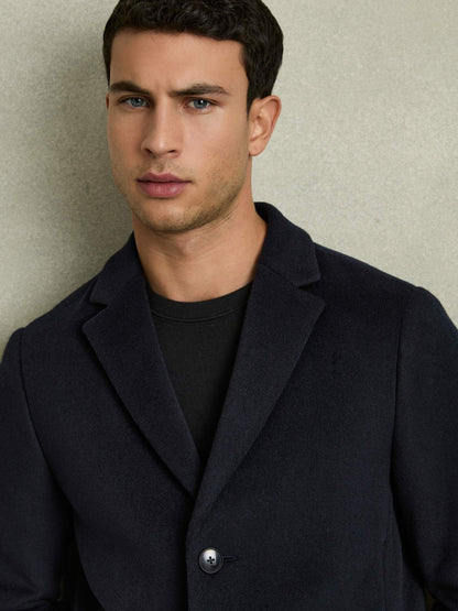 Reiss Sale - Wool Blend Single Breasted Epsom Overcoat in Navy