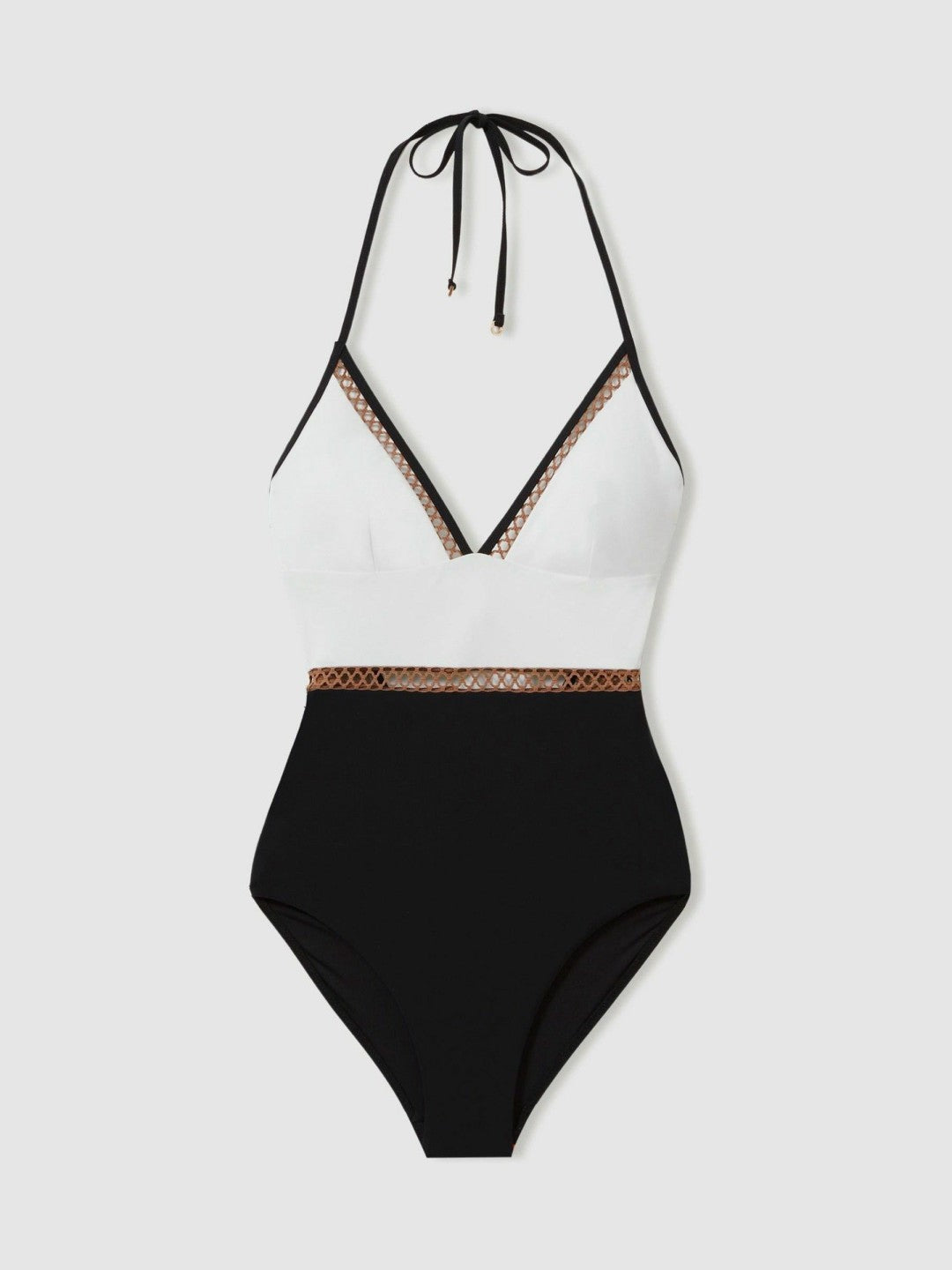 Reiss Featured - Colourblock Halter Swimsuit in White/Tan