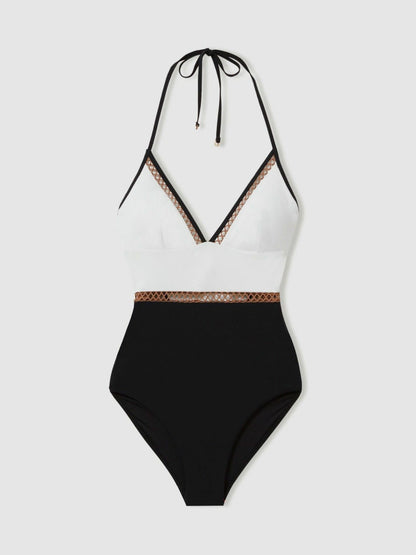 Reiss Featured - Colourblock Halter Swimsuit in White/Tan
