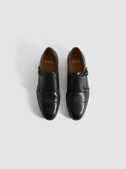 Reiss Affordable - Leather Double Monk Strap Shoes in Black
