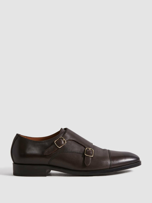 Reiss Savings - Leather Double Monk Strap Shoes in Dark Brown