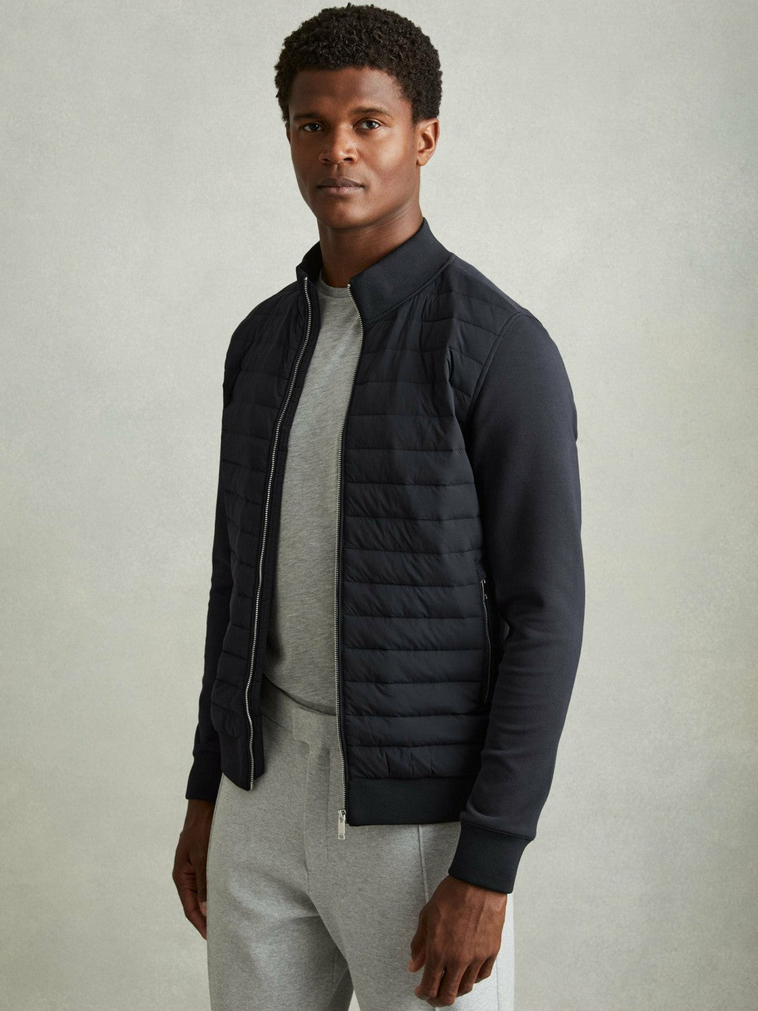 Reiss Affordable - Hybrid Quilt and Knit Zip-Through Jacket in Navy