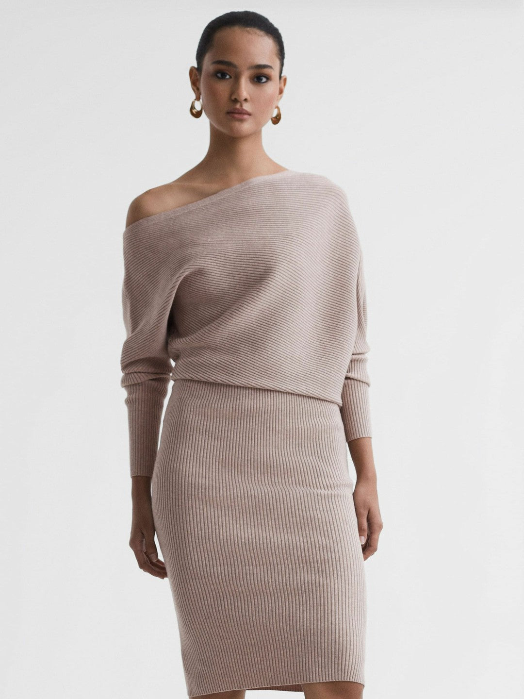 Reiss Off-The-Shoulder Ribbed Midi Dress in Neutral