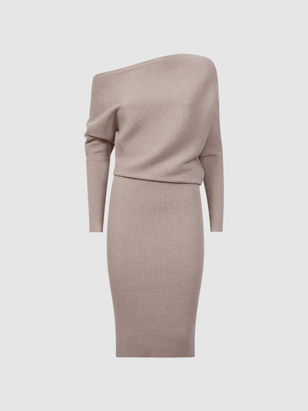 Reiss Off-The-Shoulder Ribbed Midi Dress in Neutral
