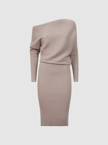 Reiss Off-The-Shoulder Ribbed Midi Dress in Neutral