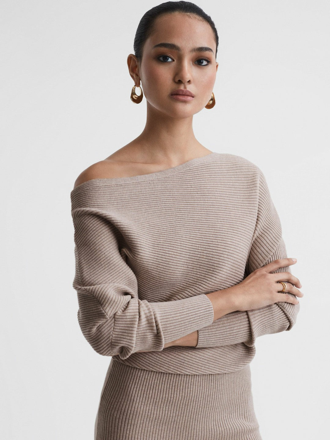 Reiss Off-The-Shoulder Ribbed Midi Dress in Neutral