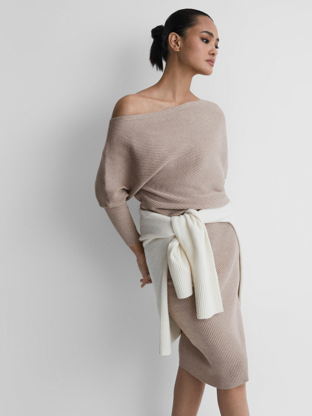 Reiss Off-The-Shoulder Ribbed Midi Dress in Neutral