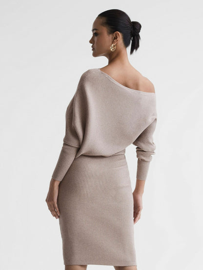 Reiss Off-The-Shoulder Ribbed Midi Dress in Neutral