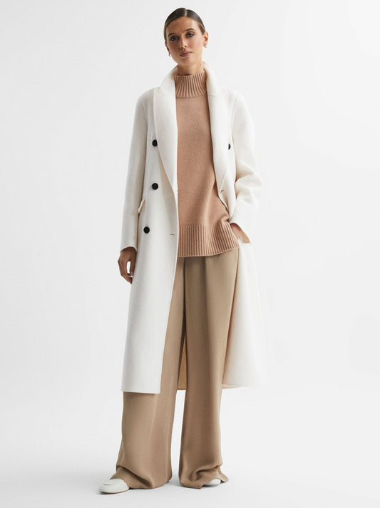 Reiss Savings - Petite Relaxed Wool Blend Blindseam Belted Coat in Cream