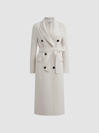 Reiss Savings - Petite Relaxed Wool Blend Blindseam Belted Coat in Cream